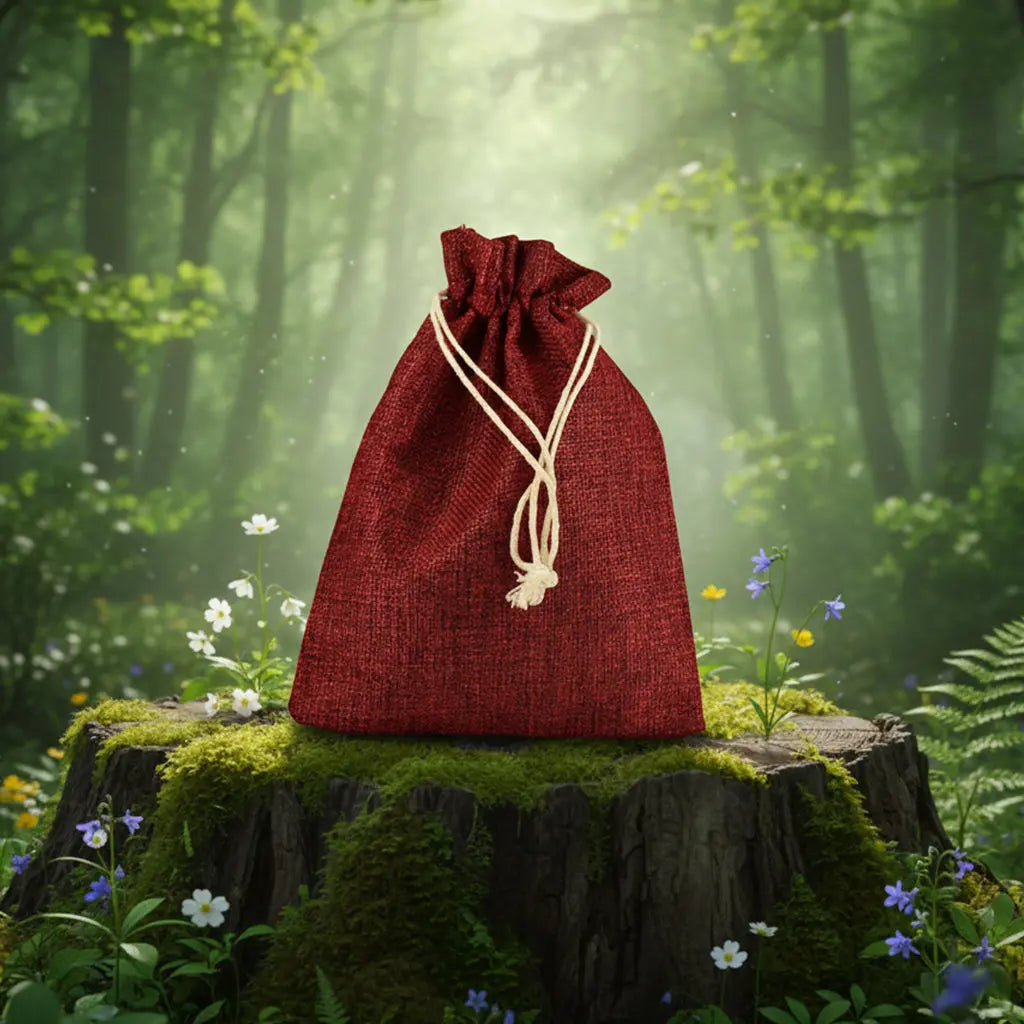 Bourse en toile de jute Rouge Bordeaux posée sur une souche moussue en forêt pour ranger des pierres.