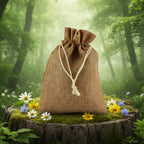 Bourse en toile de jute Marron Clair - 20 x 14 cm posée sur une souche dans une forêt enchantée.