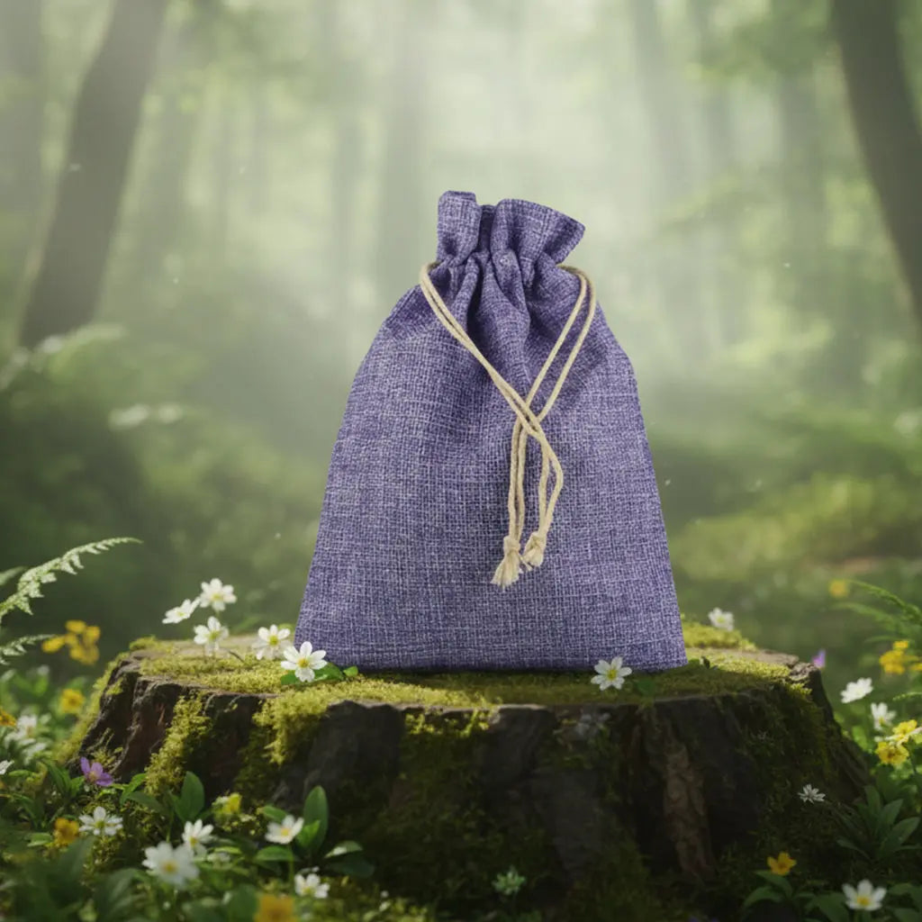 Bourse en toile de jute Mauve - 20 x 14 cm posée sur une souche moussue dans une forêt enchantée.
