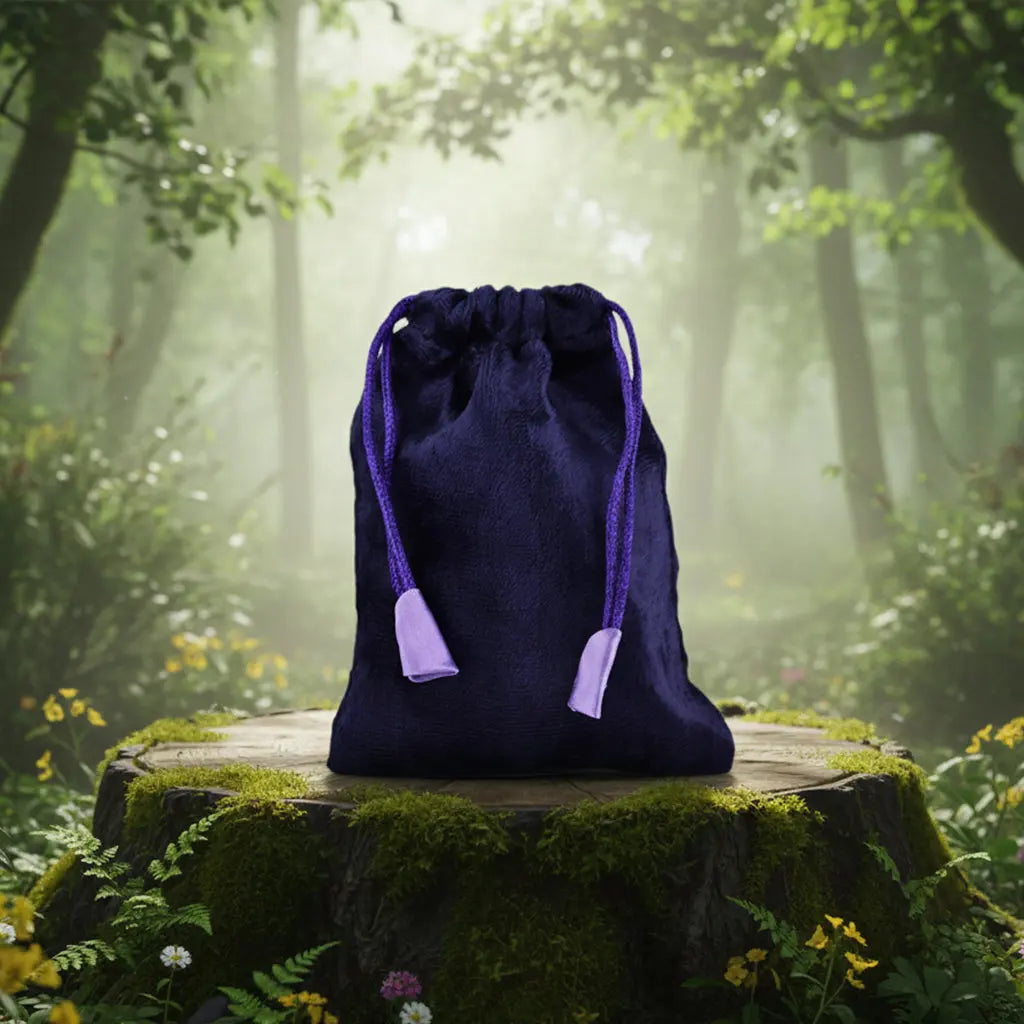Bourse de velours Violet - 15x12 cm posée sur une souche pour ranger des améthystes.
