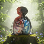 Bourse satin Fée de la Lune illustrée par Raffaele De Angelis posée sur une souche dans une forêt.
