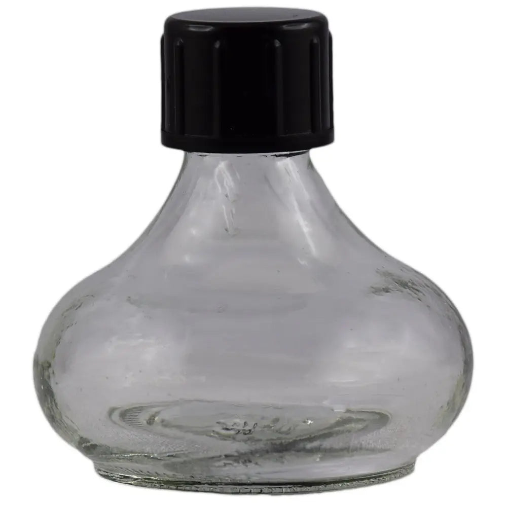 Une petite bouteille en verre transparent de forme bombée avec un bouchon à vis noir, idéale pour contenir des élixirs ou des potions de 20 ml, présentée sur un fond blanc.