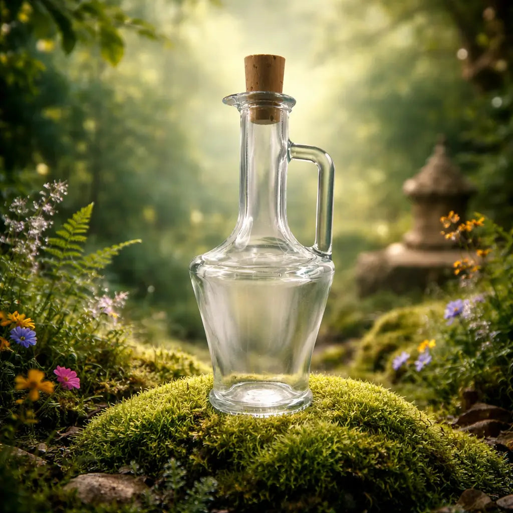 Fiole en verre transparent avec anse et bouchon en liège posée sur une mousse verdoyante dans une forêt lumineuse et mystique.