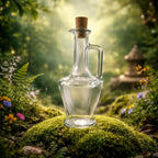 Fiole en verre transparent avec anse et bouchon en liège posée sur une mousse verdoyante dans une forêt lumineuse et mystique.
