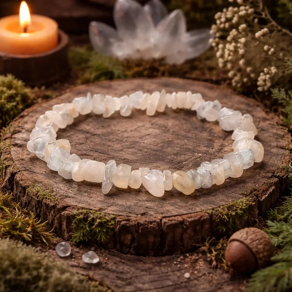 Bracelet en éclats de pierre de lune blanche aux reflets irisés, disposé sur une tranche de bois entourée de mousse forestière avec une bougie allumée.