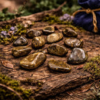 Pierres de Bronzite polies aux reflets métalliques brun doré, disposées sur une écorce ancienne dans un sous-bois mystique pour une énergie d'ancrage.