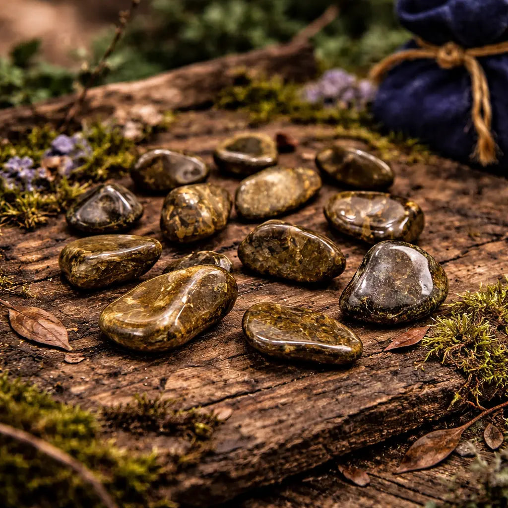 Pierres de Bronzite polies aux reflets métalliques brun doré, disposées sur une écorce ancienne dans un sous-bois mystique pour une énergie d'ancrage.