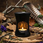 Brûleur à Huile, Résines et Encens en stéatite - Noir avec bougie allumée pour une diffusion douce sans charbon.