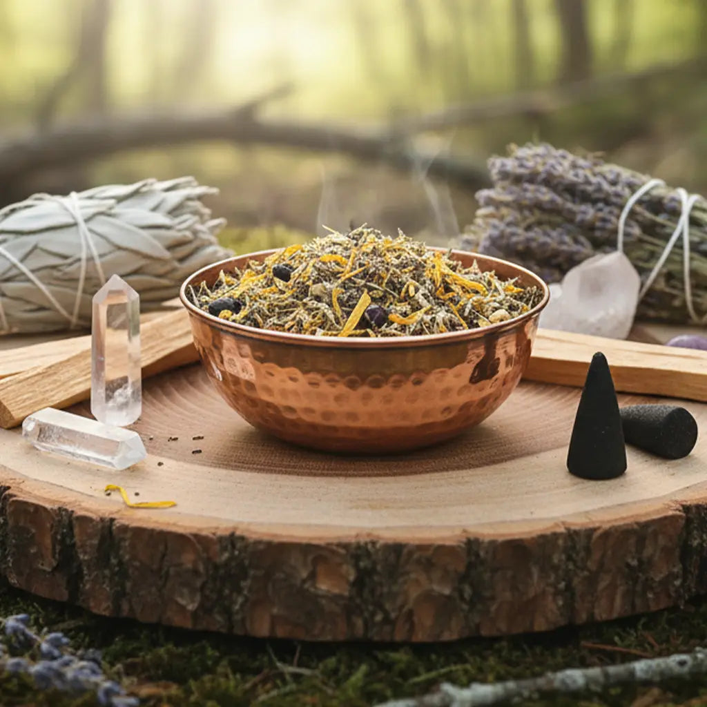 Mélange d’encens naturel dans un bol en cuivre, entouré de sauge blanche, cristaux et bois sacré sur une tranche de bois, en décor forestier.