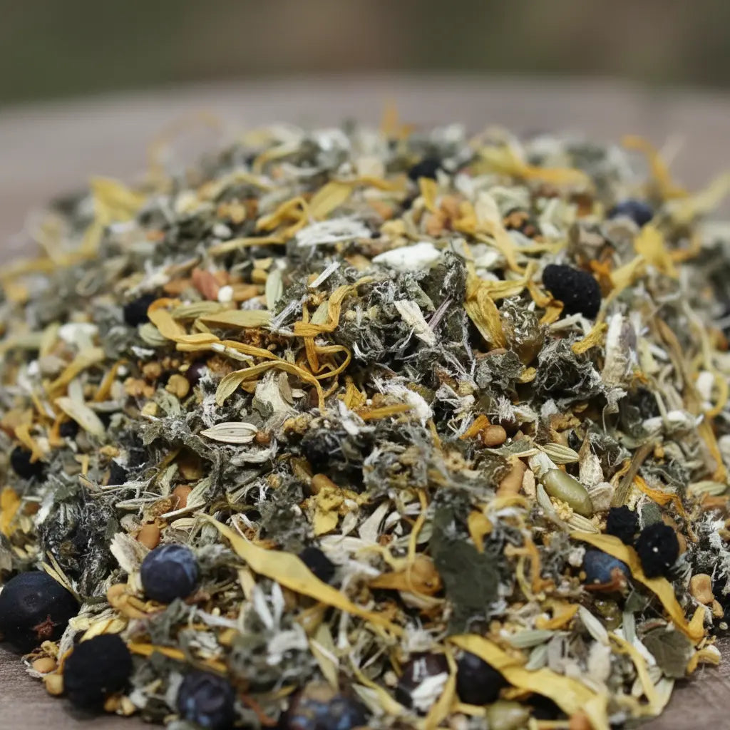 Gros plan sur un mélange d’encens en vrac composé d’herbes séchées, de fleurs jaunes et de petites baies sombres.