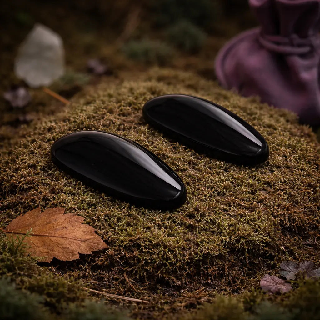 Deux cabochons ovales en obsidienne oeil céleste d'un noir profond et poli, révélant des reflets irisés mystiques sous la lumière, posés sur un tapis de mousse sombre.
