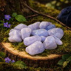 Plusieurs pierres de calcédoine bleue polies d'un bleu lavande tendre et translucide, regroupées sur un socle de bois moussue avec un pochon bleu en arrière-plan.