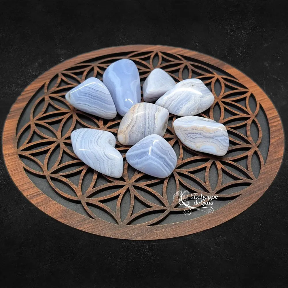 Pierres de calcédoine bleue polies et rubanées, disposées sur une fleur de vie en bois.