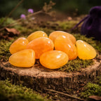 Plusieurs pierres de calcite orange polies d'un orange vif et translucide, regroupées sur un socle de bois moussue avec un pochon violet en arrière-plan.