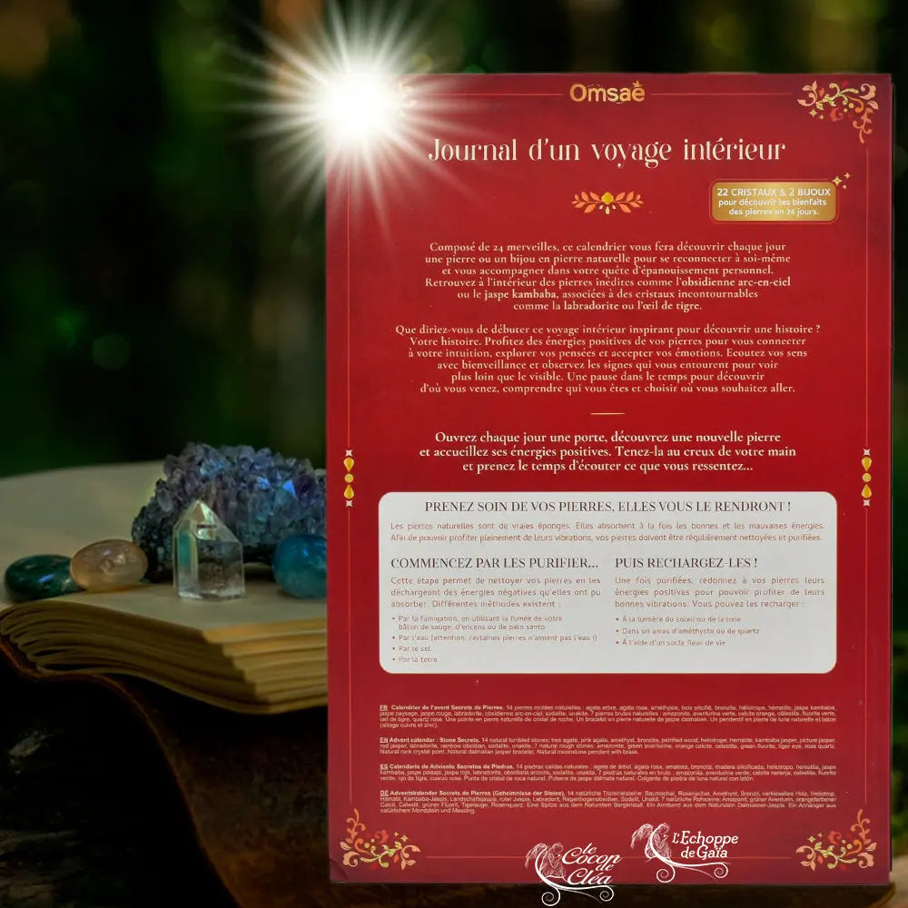 Panneau arrière rouge du calendrier "Journal d'un voyage intérieur" expliquant comment purifier et recharger les 24 cristaux inclus.
