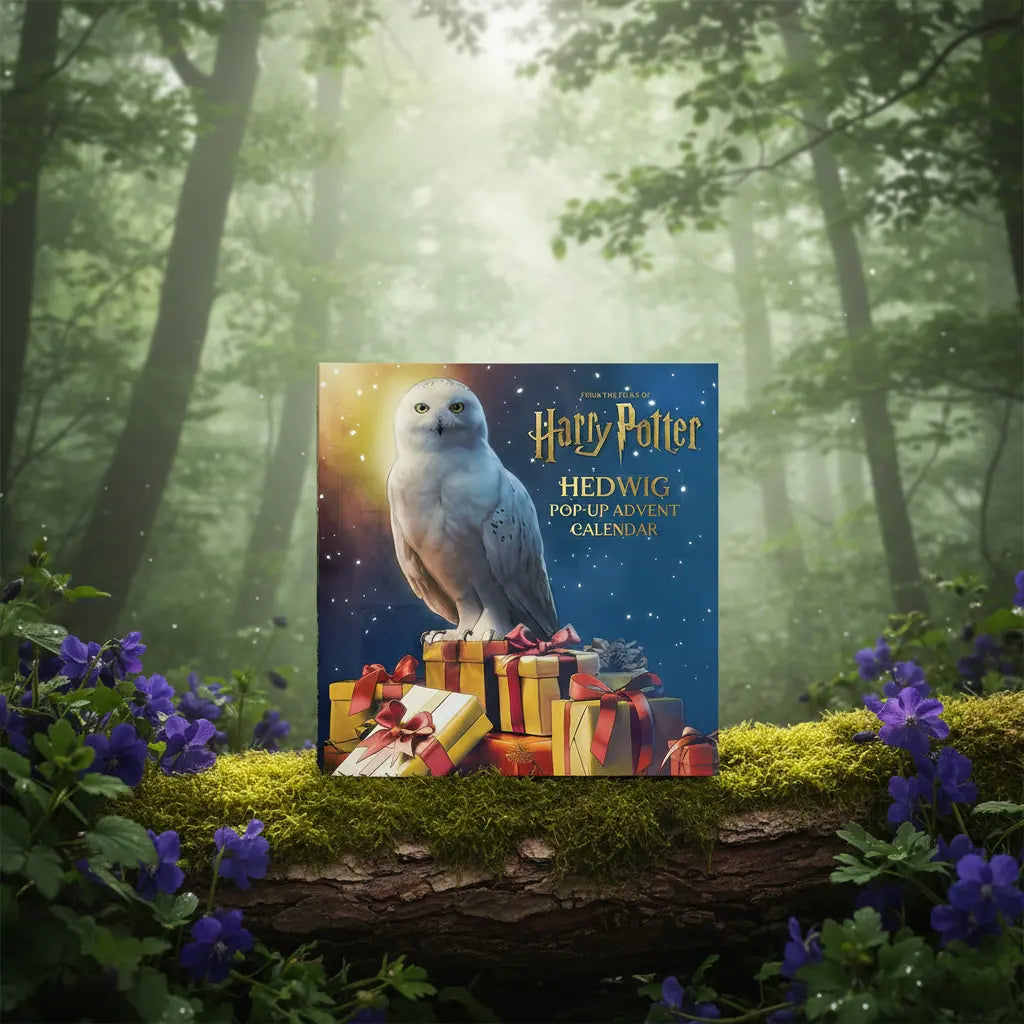 Calendrier de l'Avent Pop-up Hedwige Harry Potter posé sur une souche moussue, illustré de la chouette Hedwige sur une pile de cadeaux sous un ciel étoilé.