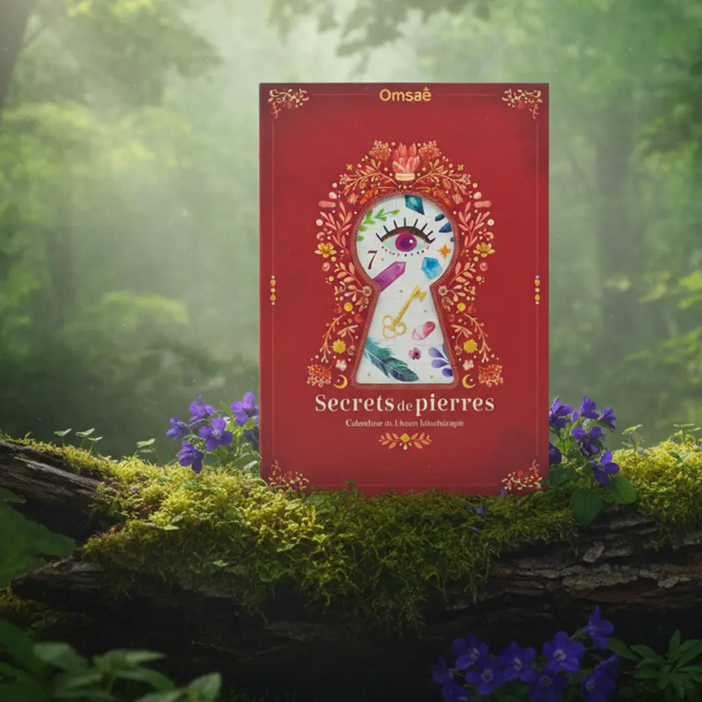 Coffret rouge élégant du Calendrier de l'Avent Secrets de Pierres, orné d'une serrure mystique révélant des cristaux, posé dans une forêt enchantée et lumineuse.