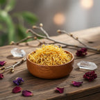 Coupelle en bois remplie de fleurs de calendula séchées jaune doré sur table décorée de cristaux et pétales.