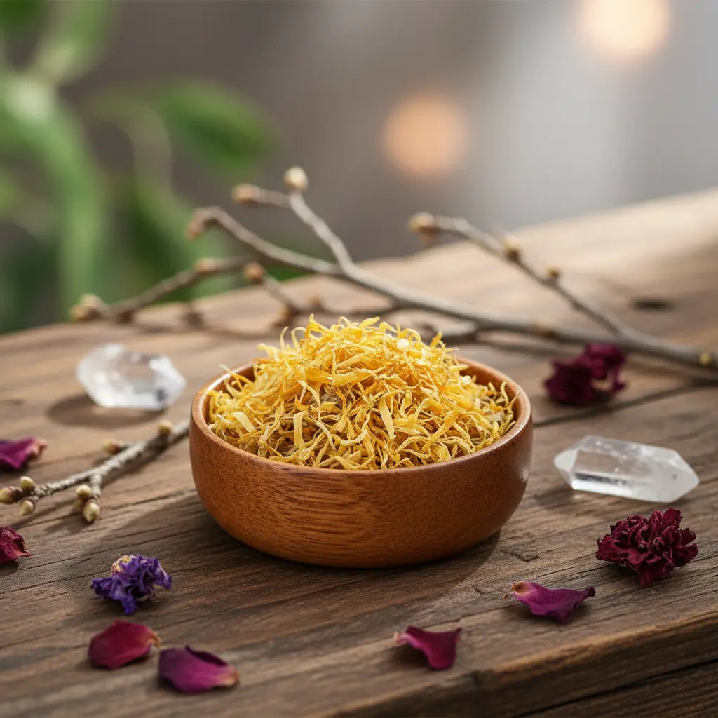 Coupelle en bois remplie de fleurs de calendula séchées jaune doré sur table décorée de cristaux et pétales.