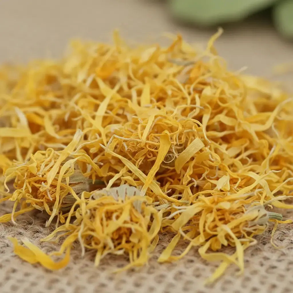 Fleurs de calendula séchées jaune doré en vrac sur toile de jute