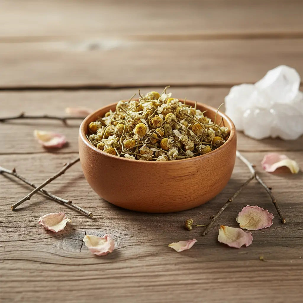 Coupelle en bois remplie de fleurs de camomille séchées beige doré sur table en bois décorée de pétales.