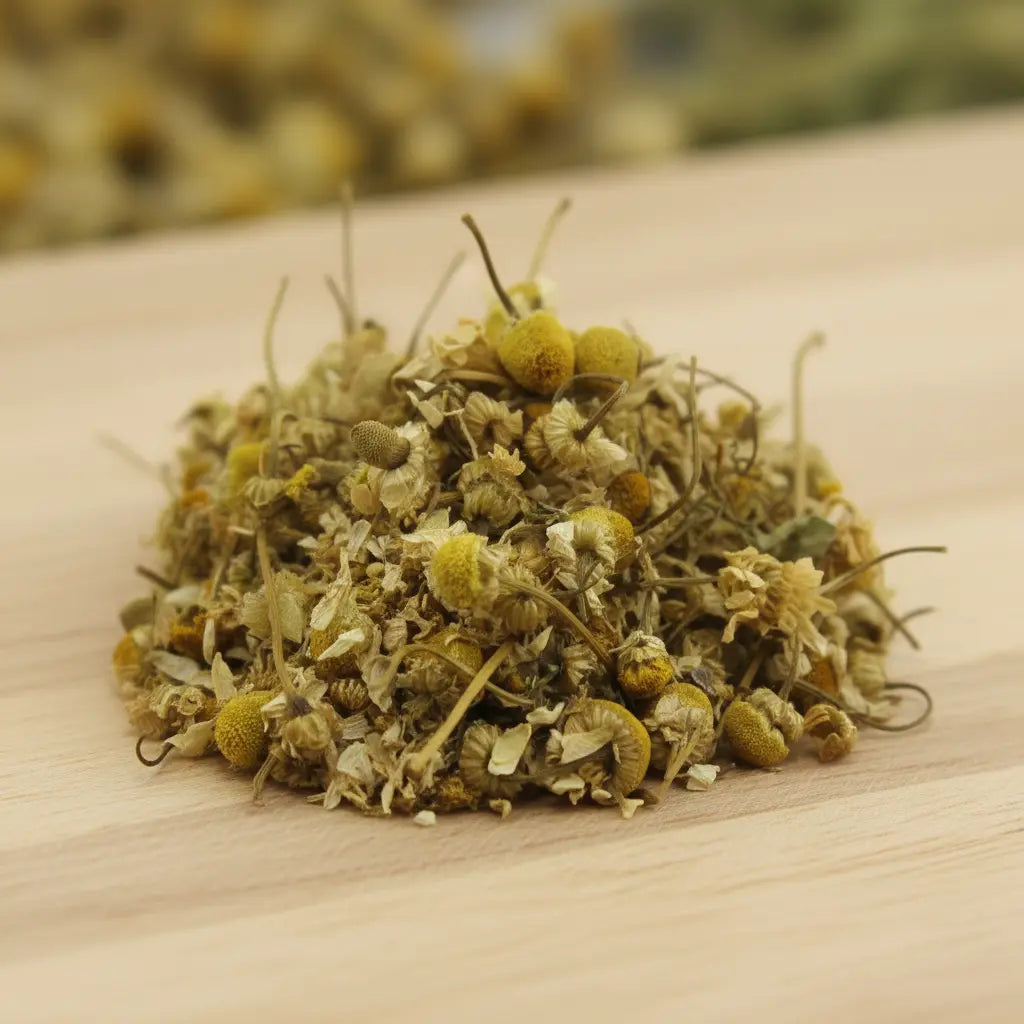 Fleurs de camomille séchées beige et jaune en vrac sur surface en bois.