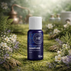 Flacon bleu d'huile essentielle de Camphre Herbes et Traditions posé sur un lit de mousse forestière avec des petites fleurs blanches et un alambic en cuivre.