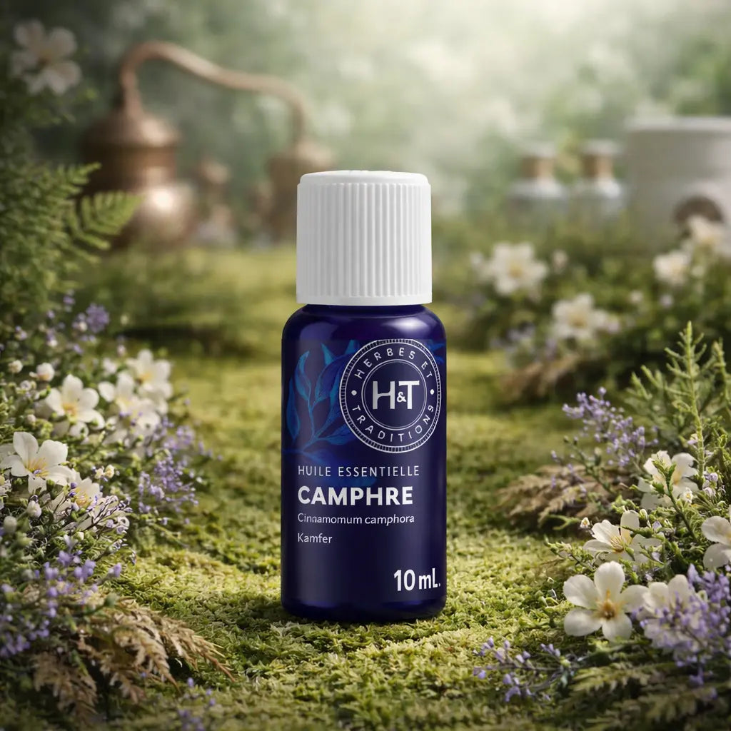 Flacon bleu d'huile essentielle de Camphre Herbes et Traditions posé sur un lit de mousse forestière avec des petites fleurs blanches et un alambic en cuivre.
