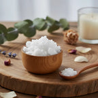 Camphre en cristaux blancs dans une coupelle en bois avec petite cuillère sur plateau en bois.