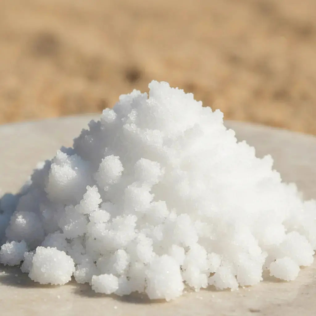 Gros plan sur un tas de cristaux de camphre blancs sur fond flou couleur sable.