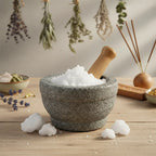 Camphre en cristaux blancs dans un mortier en pierre avec pilon, entouré de plantes séchées et bâtons d’encens.