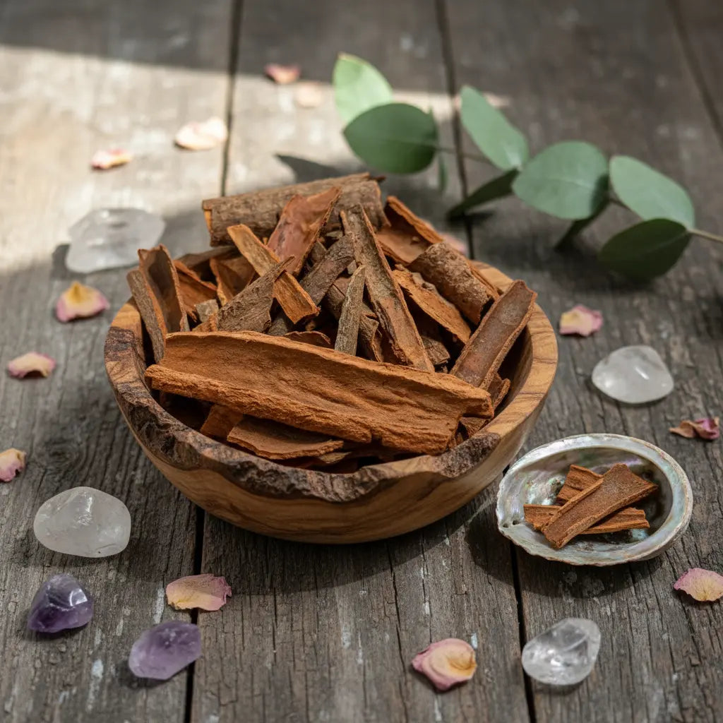 Coupelle en bois remplie de bâtons de cannelle bruns sur table en bois avec cristaux, pétales et petite coupelle en nacre.