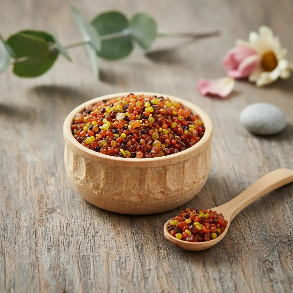 Coupelle en bois remplie de grains d’encens à la cannelle orangés avec petite cuillère sur table en bois.
