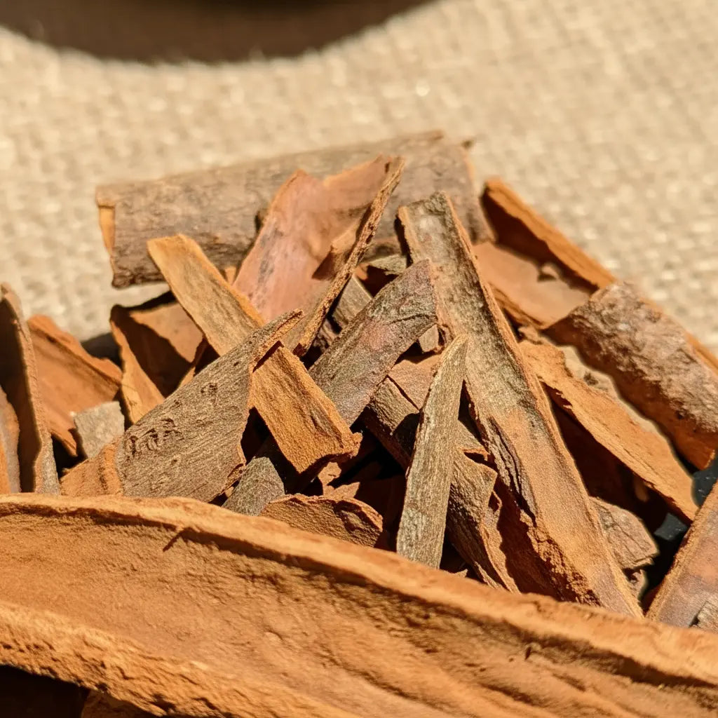 Gros plan sur éclats d’écorce de cannelle brune sur toile de jute