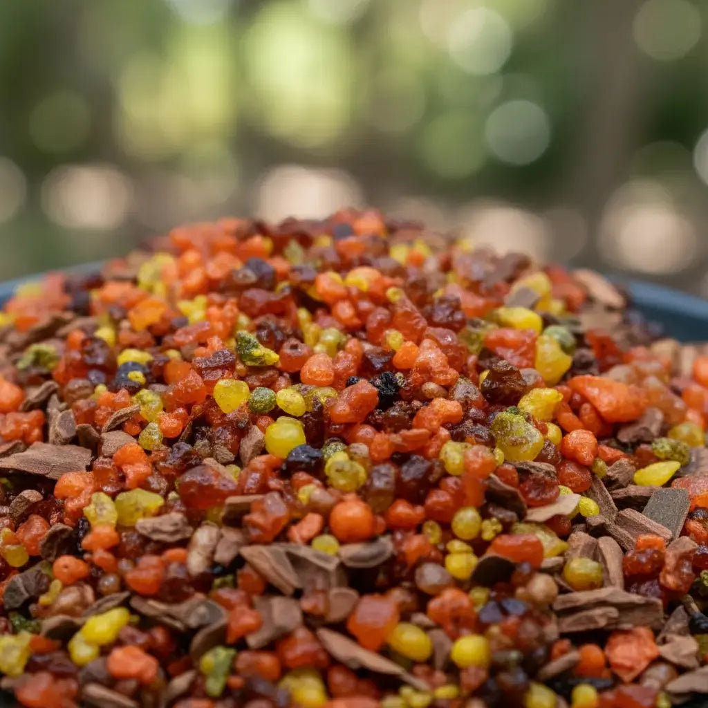 Gros plan sur des grains d’encens à la cannelle multicolores mêlés à des éclats de bois sur fond flou.