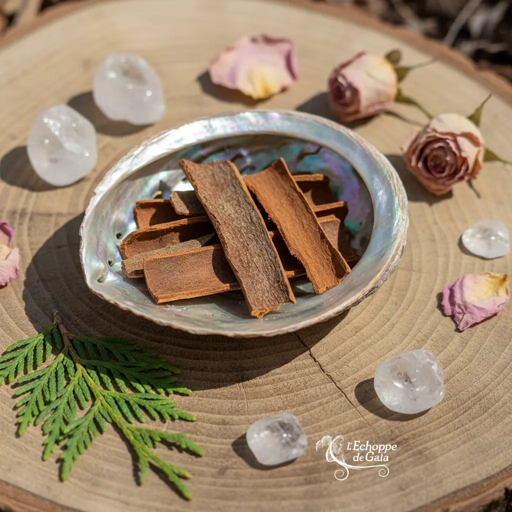 Coupelle en nacre remplie de bâtons de cannelle bruns sur rondin de bois décoré de cristaux et roses séchées.