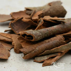 Morceaux d’écorce de cannelle brune en vrac sur fond clair, L’Échoppe de Gaïa.