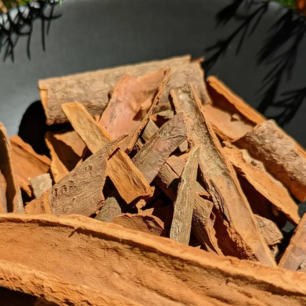 Gros plan sur éclats d’écorce de cannelle brune dans coupelle noire pour fumigation.
