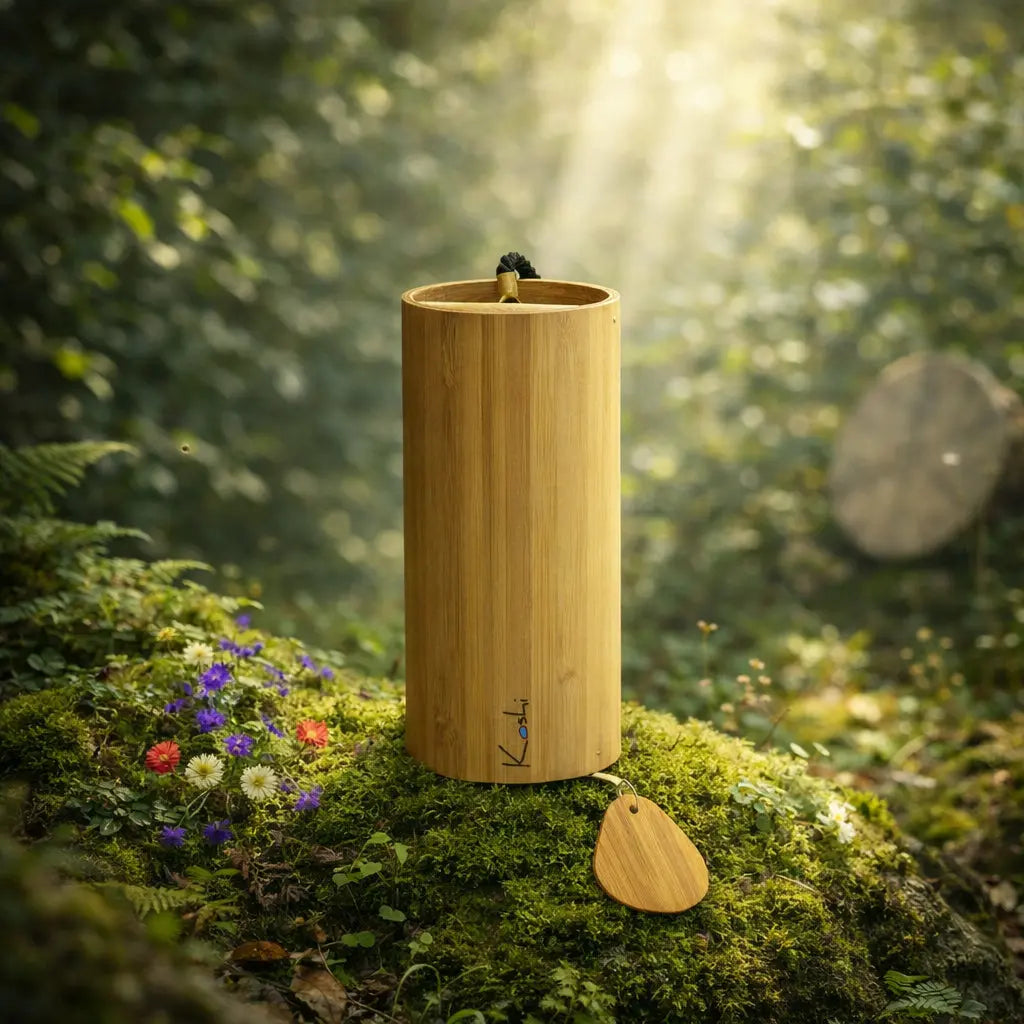 Carillon en bambou naturel suspendu au-dessus d'un tapis de fleurs sauvages et de mousse, baigné par une lumière forestière divine et mystique.