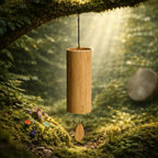 Carillon cylindrique en bambou clair suspendu à une branche moussue, oscillant doucement sous les rayons d'un soleil de forêt mystique.