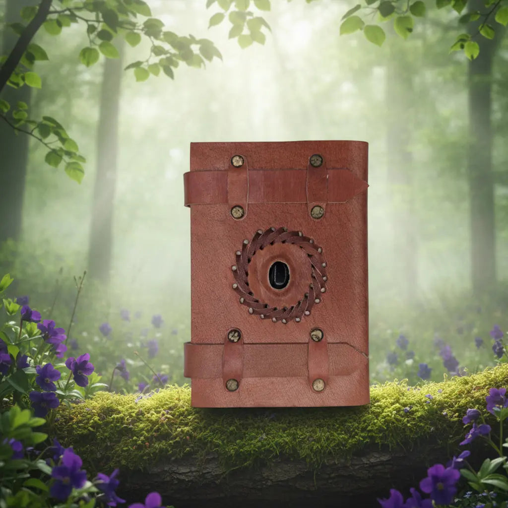 Carnet Ceinturé en Cuir Artisanal - Onyx Noir fermé par deux lanières en cuir, posé sur une branche moussue entourée de fleurs violettes dans une forêt.