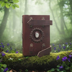 Carnet Ceinturé en Cuir Artisanal - Pierre de Lune fermé par deux lanières, posé sur une branche moussue avec des fleurs violettes dans une forêt brumeuse.