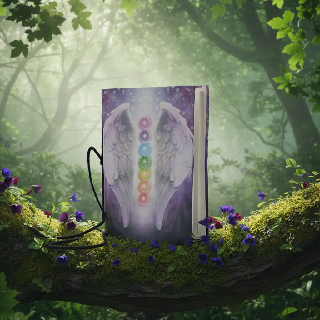 Carnet Chakra Angel avec illustration d'ailes et de chakras colorés, posé sur une branche moussue entouré de fleurs violettes.