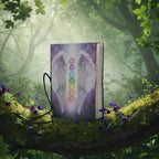 Carnet Chakra Angel avec illustration d'ailes et de chakras colorés, posé sur une branche moussue entouré de fleurs violettes.