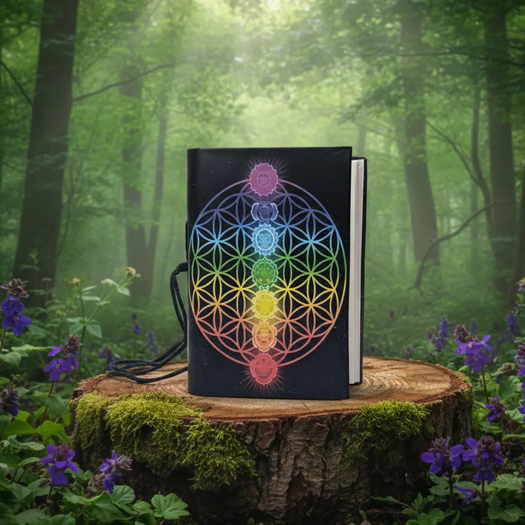 Carnet Chakra Fleur de Vie noir illustré de la géométrie sacrée arc-en-ciel, posé sur une souche moussue dans une forêt.