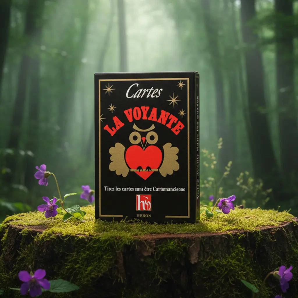 Boîte noire et rouge du jeu Cartes La Voyante éditions Héron posée sur une souche, ornée d'une chouette stylisée et d'un cœur rouge.