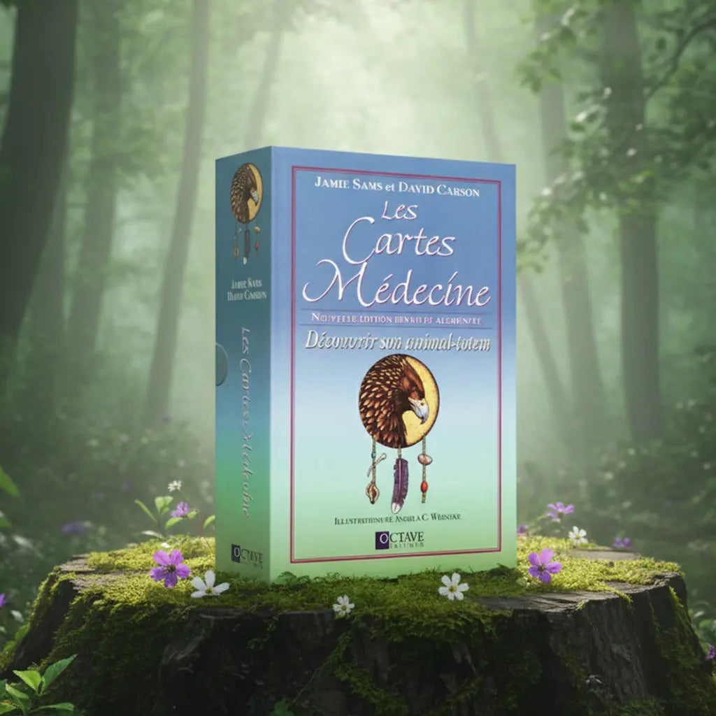 Coffret bleu et vert Les Cartes Médecine de Jamie Sams et David Carson posé sur une souche, illustré d'un bouclier médecine avec une tête d'aigle et des plumes.