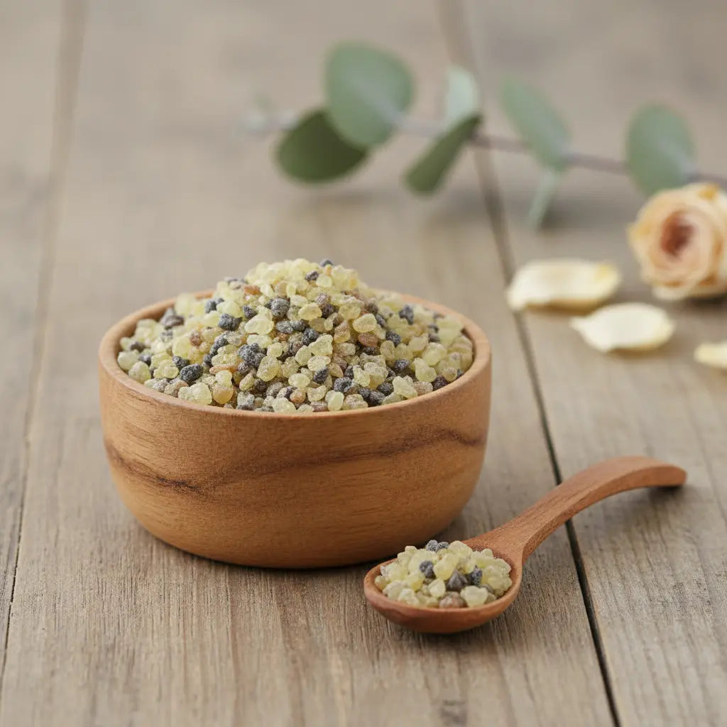 Encens Cathédrale en grains jaunes et gris dans une coupelle en bois avec petite cuillère sur table en bois.