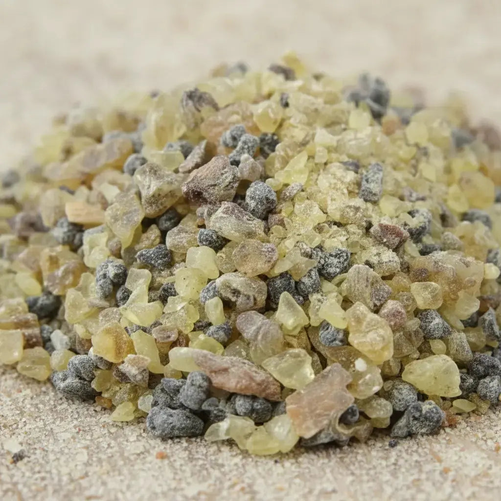 Gros plan sur des grains de résine d’encens Cathédrale jaunes, gris et bruns sur fond sableux.