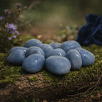 Plusieurs pierres d'angélite polies d'un bleu ciel opaque et doux, regroupées sur un tronc d'arbre moussue avec un pochon bleu en arrière-plan.
